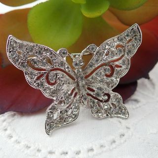 Vintage Rhodium Plated Hedy Clear Rhinestone Butterfly Pin Brooch