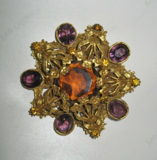Vintage Signed Francois Flower Brooch Pin Amber & Amethyst Glass