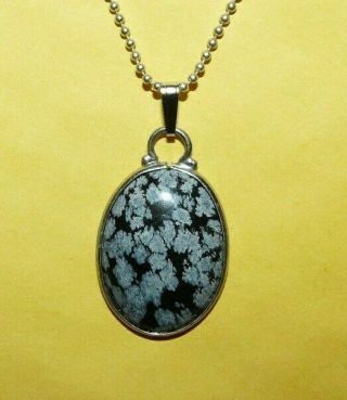 Vintage Southwestern Sterling Silver Snowflake Obsidian Pendant W/ Bead Necklace
