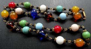 Vintage Art Deco Multi Colour Glass Bead Brass Wired Necklace - R28