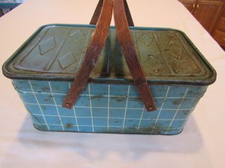 Vintage Blue Plaid Metal Lunch Basket Box Picnic Wood Handles Farmhouse Decor