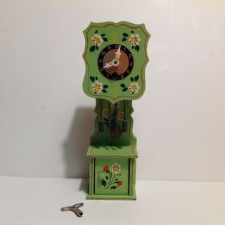 Vintage West Germany Miniature Grandfather Clock Green Flower - Key