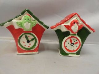Vintage Kreiss Birdhouse Clock Salt & Pepper Shakers Christmas Red And Green