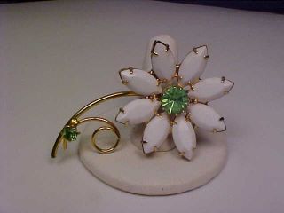Vintage Goldtone & White/green Rhinestone Flower Brooch