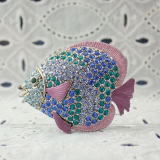 Vintage Purple Enamel Pave Green Blue Rhinestone Tropical Fish Pin Brooch