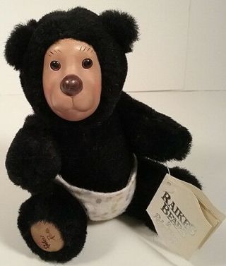 Robert Raikes Nursery Miniature Baby Black Bear Carved Wood Face Vintage 1990