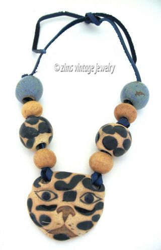 Vintage 1980’s Large Blue Tan Leopard Cat Big Ceramic Bead Leather Cord Necklace