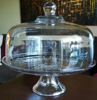 Vintage Clear Glass Starburst Ii Pedestal Cake Plate Stand 12 " & Dome 11 "