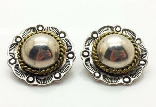Vintage Taxco Round Brass Design Sterling Silver 925 Earrings 15g S364