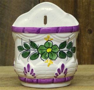 Vintage Ceramic Wall Pocket Vase Floral Green Yellow Purple