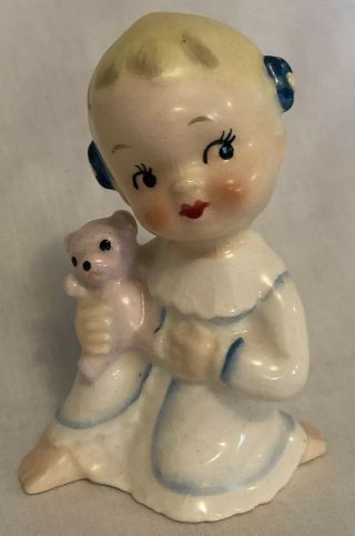 Vintage Ceramic Girl Figurine With Teddy Bear Hand Painted Blonde Toddler Baby