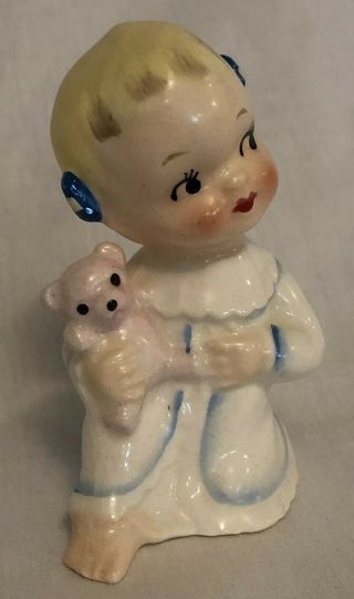 Vintage Ceramic Girl Figurine with Teddy Bear Hand Painted Blonde Toddler Baby 3