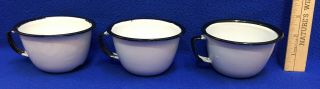 Enamel Mugs Cups White & Black Trim Coffee Handles Vintage Set 3 Enamelware