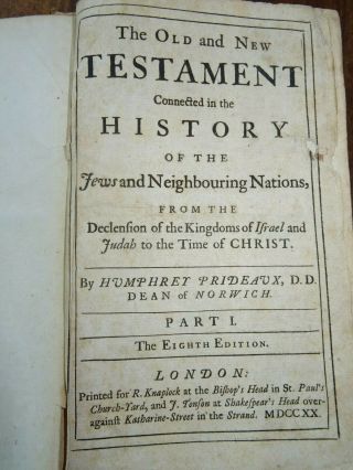 1720 OLD & TESTAMENT connected in HISTORY OF THE JEWS BY PRIDEAUX 2 BOOKS ^ 3