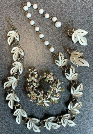 Coro Vintage White Enameled Necklace Earrings Brooch W Rhinestones Leaf Design