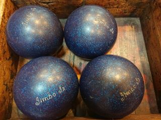 4 Vintage Blue Sparkle Glitter Candlepin Duckpin Bowling Balls Etched Jimbo Jr