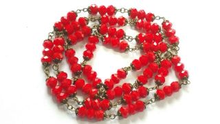 Czech Long Strawberry Coloured Faceted Glass Bead Necklace Vintage Deco Style