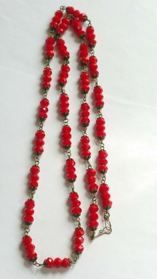 Czech Long Strawberry Coloured Faceted Glass Bead Necklace Vintage Deco Style 2