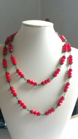 Czech Long Strawberry Coloured Faceted Glass Bead Necklace Vintage Deco Style 3