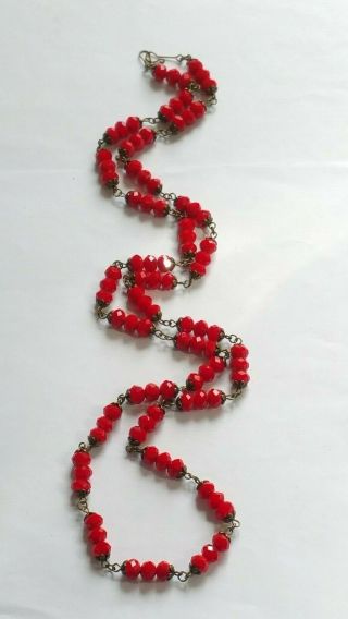 Czech Long Strawberry Coloured Faceted Glass Bead Necklace Vintage Deco Style 4