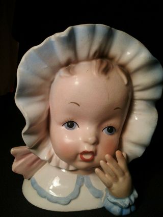 Vintage Baby Head Vase Light Blue & White W/ Bonnet Pink Bow & Hand / Japan