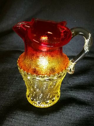 Vintage Amberina Yellow/orange/red Hand Blown Glass Miniature Pitcher W/ Handle