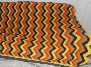 Vtg Hand Crocheted Orange Brown Yellow Afghan Granny Blanket Chevron 88x56 Throw