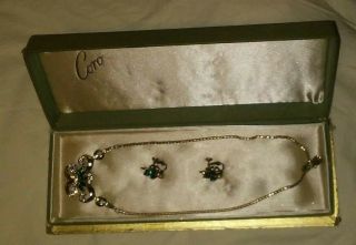 Vintage Coro Emerald - Rhinestone Gold Tone Necklace Earring Set -