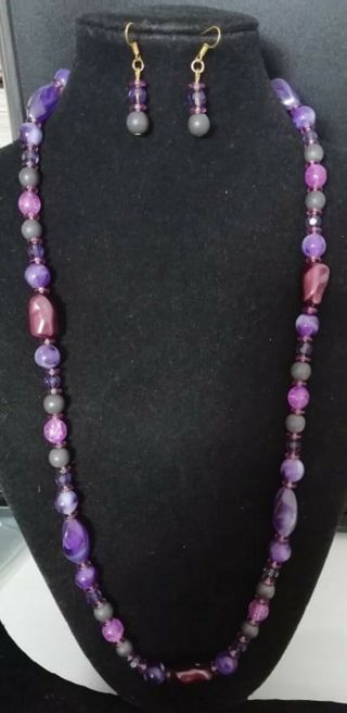 Vintage Purple Crystal,  Glass And Acrylic Necklace And Earrings Set