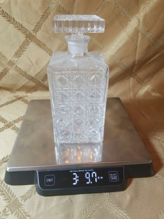 Vintage Cut Art Glass Square Crystal Whiskey Brandy Heavy Decanter 8.  25 