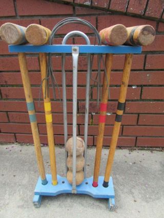 Vintage Croquet Sears Wooden 4 Player Set With Stand - Balls - Stakes