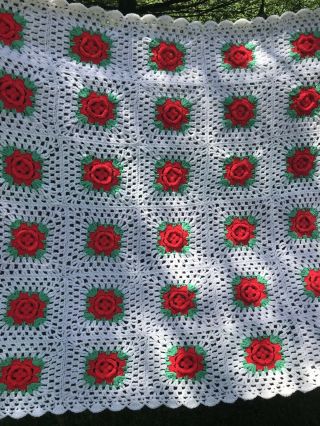 Vintage Handmade Raised 3D Flowers Soft Rose Crochet Afghan Throw Red Floral 3