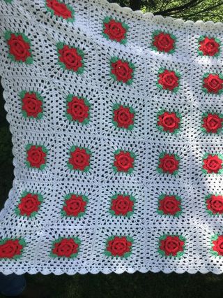 Vintage Handmade Raised 3D Flowers Soft Rose Crochet Afghan Throw Red Floral 4