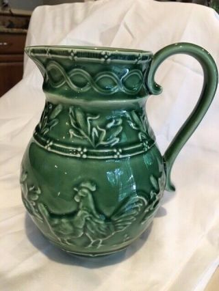 Vintage Bordallo Pinheiro Green Pitcher With Chickens And Corn