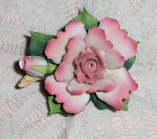 Vtg Porcelain Bisque Andrea By Sadek Pink Rose And Bud Petals On Branch Figurine