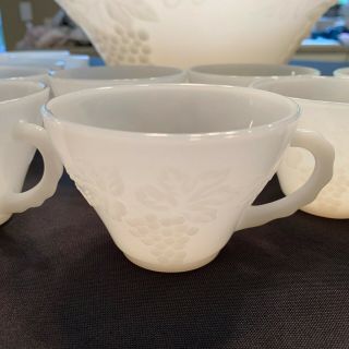 Vintage Anchor Hocking White Milk Glass Punch Bowl Set Grape Leaf Pattern 17pcs 3