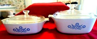 2 Vintage Corning Ware Blue Cornflower Casserole Dishes W/ Lids - 1 Qt & 1 1/2 Qts