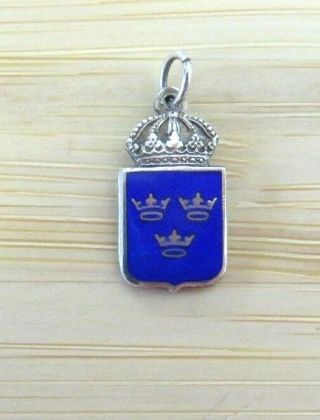 Vtg Sterling Silver Enamel Sweden Royal 3 Crown Travel Shield Bracelet Charm