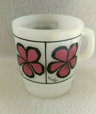 Vintage Fire King Violet Flower Mug Coffee Cup Stackable Floral Milk Glass