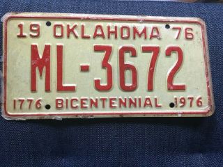 1976 Oklahoma Bicentennial License Plate.  Vintage Mcclain County Steel Plate