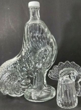 Vintage Clear Glass Rooster Figural Bottle Decanter Raised Design Fitted Cap