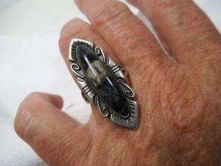Vintage Southwest Style Sterling Silver Agate Size 7 Ring - 1 1/2 " Long Face - Gf