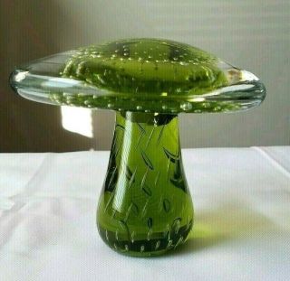 Vintage Hand Blown Glass Mushroom Paperweight Green Art Clear Design