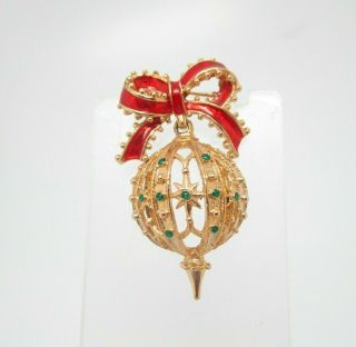 Aai Dangling Christmas Ornament With Red Bow Vintage Brooch Pin 2.  25 " Long
