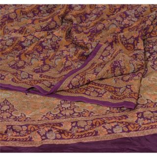 Sanskriti Vintage Purple Saree 100 Pure Crepe Silk Printed Sari Craft Fabric