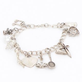 Vtg Sterling Silver - Shoe Cross Heart Charm 7.  25 " Chain Link Bracelet - 24g