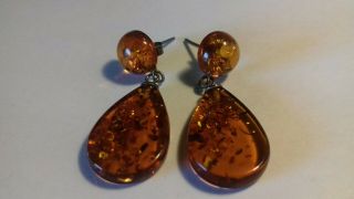 Large Vintage Solid Silver Real Amber Earrings.