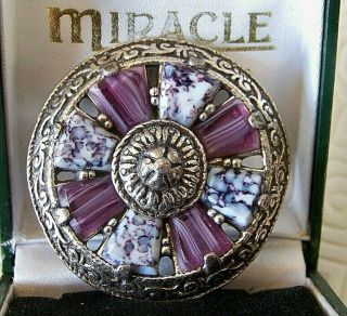 Vintage Signed Miracle Jewellery Scottish Celtic Agate Plaid Brooch Pin Pendant