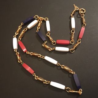 Vintage Crown Trifari Gold Tone Red White Blue Lucite Links Necklace