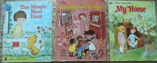 3 Vintage Little Golden Books The Wonderful School,  My Home,  Magic Next Door